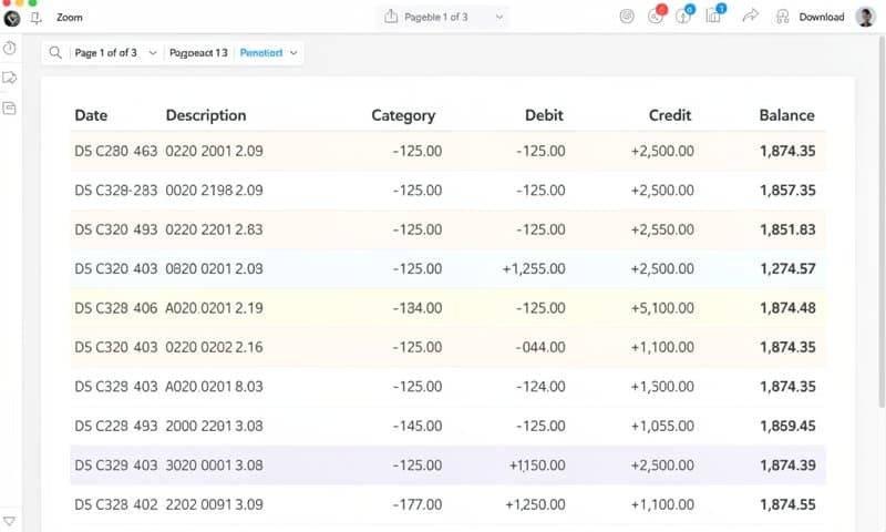 Bank statement PDF showing transaction data ready for conversion