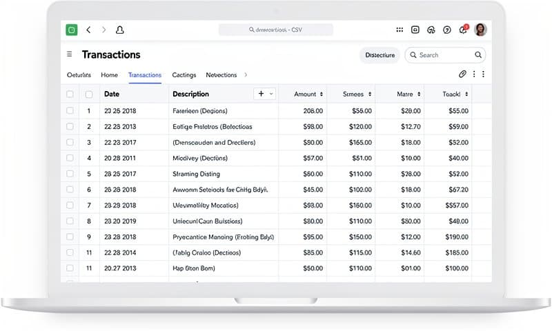 CSV spreadsheet showing transaction data with columns for date, amount, and description