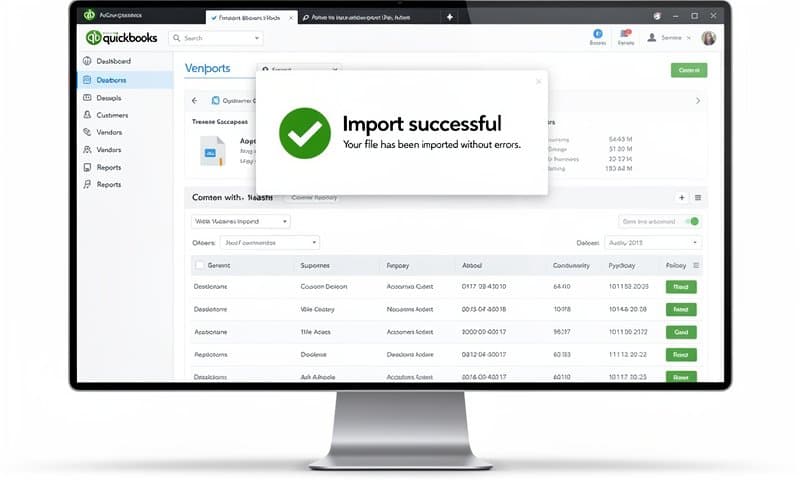 QuickBooks showing successful file import with green confirmation
