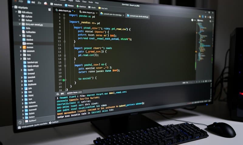 Python IDE showing pandas script for batch CSV to Excel conversion