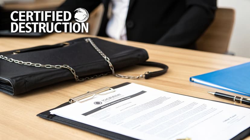 A person sits at a business desk with a document, bag, and blue folder, next to a 