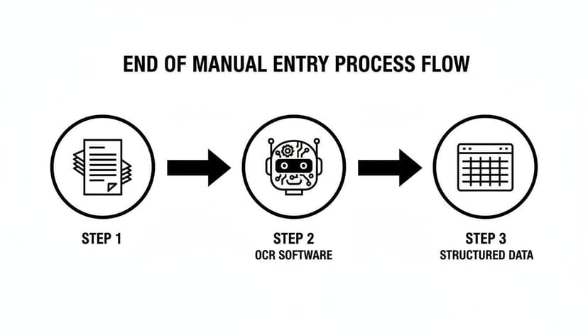 A diagram illustrating the end of manual data entry, showing documents processed by OCR software into structured data.