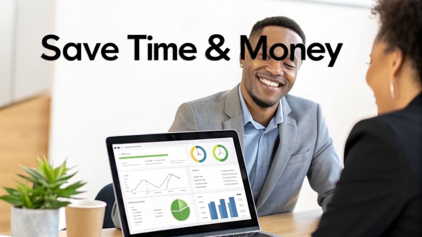 Two smiling business professionals in a meeting, reviewing data on a laptop to improve efficiency.