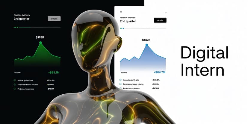 A 3D render of a futuristic glossy humanoid figure displayed between two financial data dashboard UI panels.