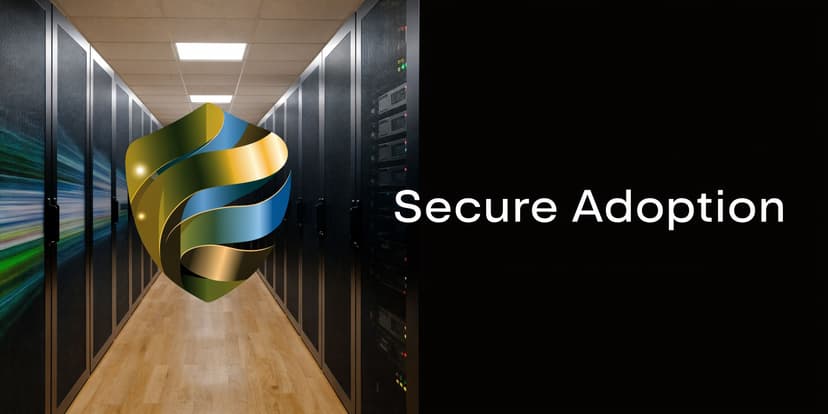 A conceptual graphic illustrating secure adoption, featuring a digital shield icon set in a modern data center.