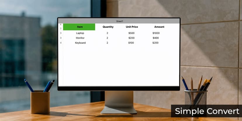 A computer monitor displaying a spreadsheet with an item list on a wooden desk in an office.