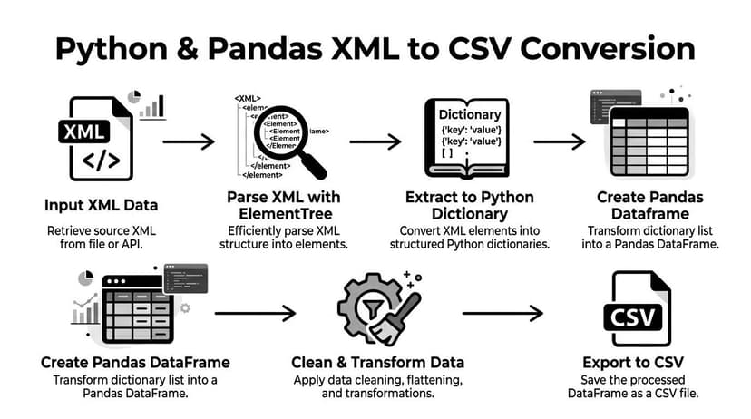 A flowchart diagram illustrating the step-by-step process of converting XML data into a CSV file using Python and Pandas.