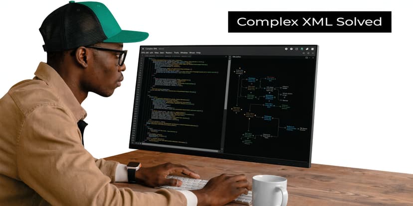 A man wearing glasses and a green cap working on complex code on a dual-screen monitor setup.