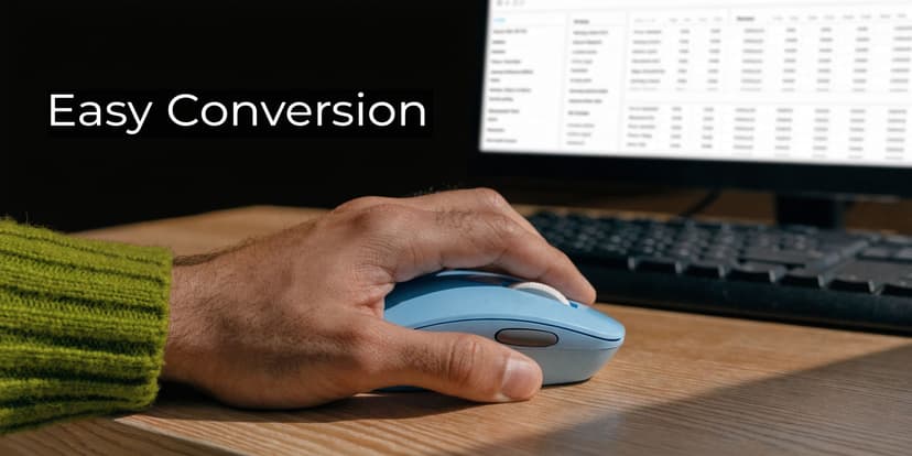 A hand using a light blue computer mouse on a wooden desk in front of a computer screen.