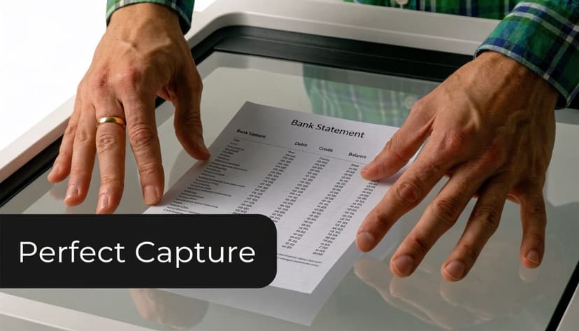 A person using a glass scanner top to perfectly capture an image of a document bank statement.