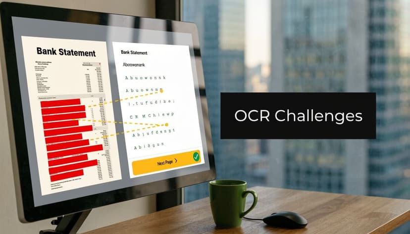 A computer screen showing an image of a redacted bank statement next to OCR error text.