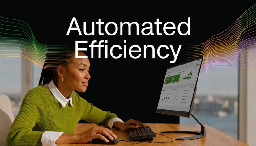 A woman working on a computer showing business data with the text Automated Efficiency overlaid above.