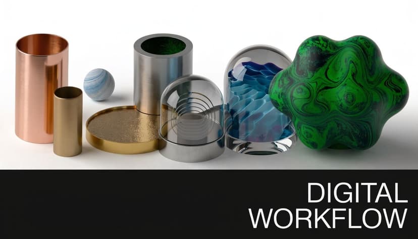 A collection of abstract 3D geometric shapes and textured objects displayed against a clean white background.