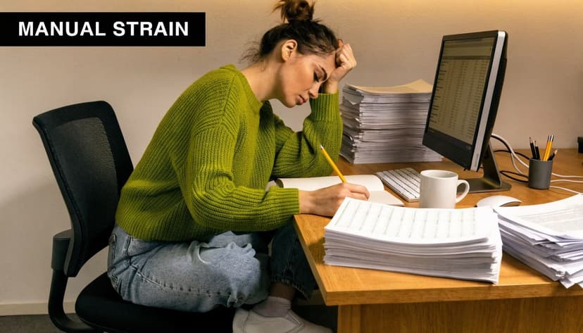 A woman working at a messy desk with piles of documents looking stressed and tired.