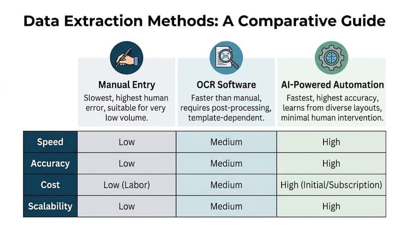 A comparison chart showing features and performance metrics for manual data entry, OCR software, and AI-powered automation.