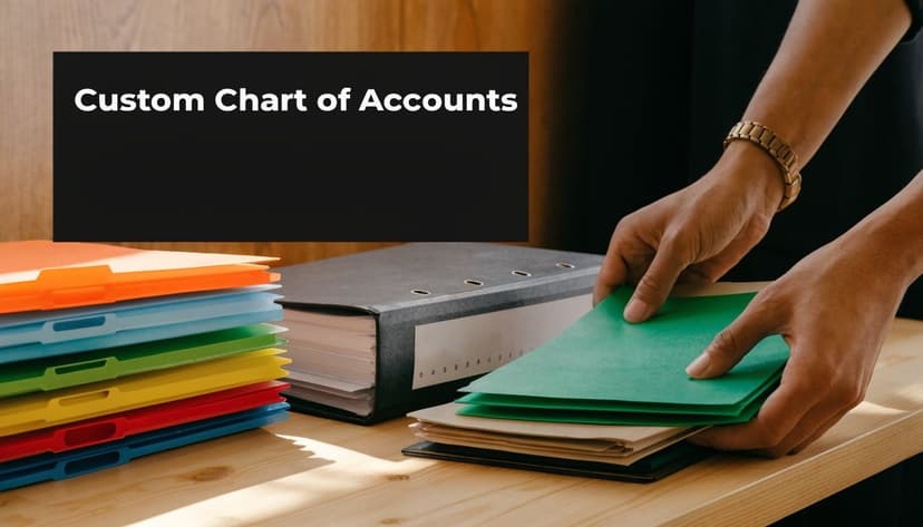 A person sorting through colored files and folders on a wooden office desk while working.