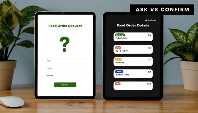 Two tablets showing a food order request form and a confirmed order summary on a wooden desk.