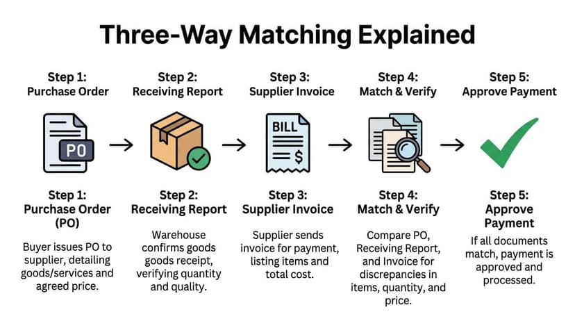 A diagram illustrating the five steps of the three-way matching process for business procurement and payments.