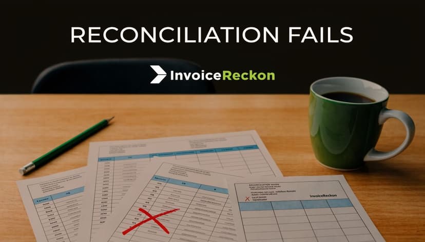 A wooden desk featuring a coffee mug, pencil, and various financial documents showing reconciliation failures.