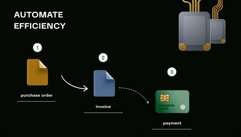 A diagram illustrating a workflow of purchase order processing, invoice generation, and payment automation on a dark background.