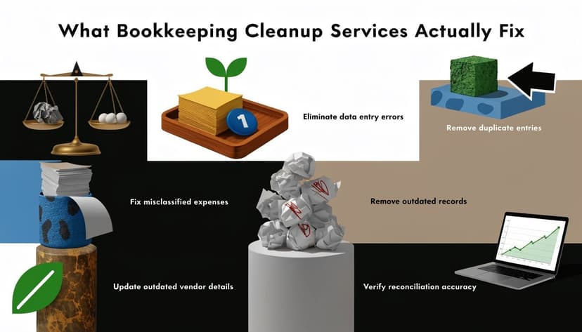 A graphic explaining what bookkeeping cleanup services fix, including data entry errors, duplicates, and inaccurate financial records.
