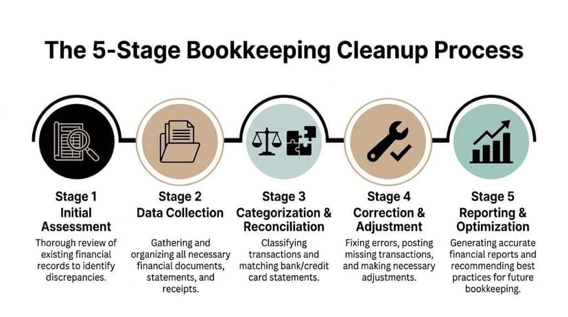 An infographic showing the five stages of a professional bookkeeping cleanup process from assessment to optimization.