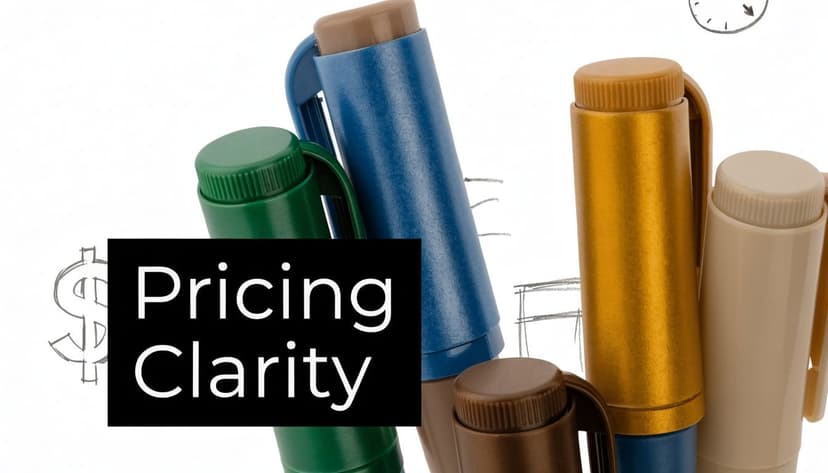 A close-up of colorful markers with a black box containing the text Pricing Clarity overlaying them.