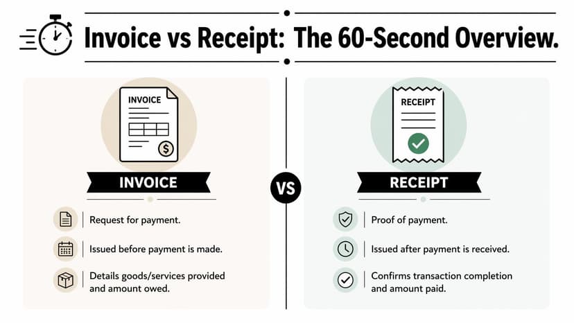 An infographic comparing the definitions and key differences between an invoice and a receipt for accounting.