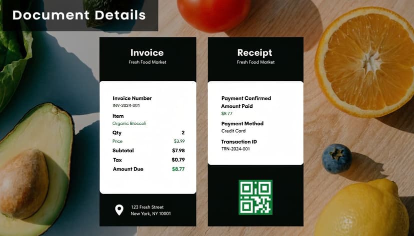 A split view displaying a grocery store invoice and a payment receipt side by side on a background.