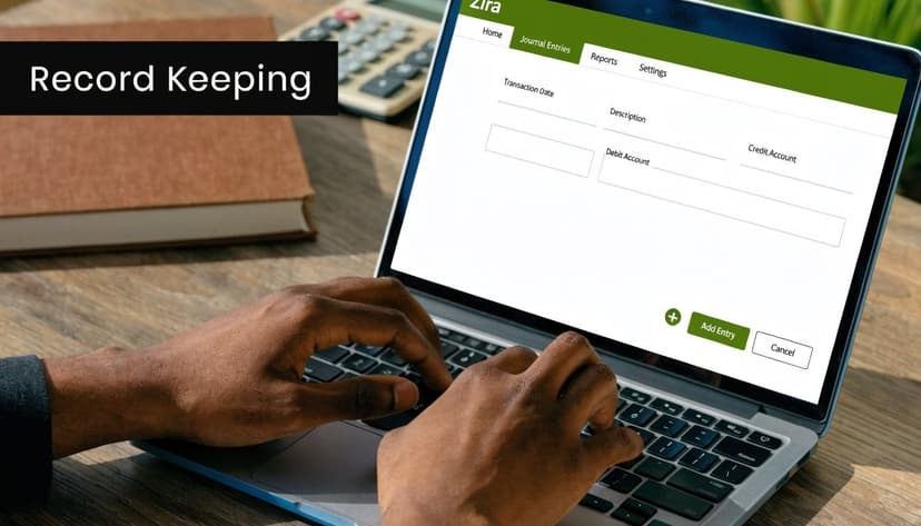 A person typing on a laptop screen showing a record keeping interface for accounting journal entries.