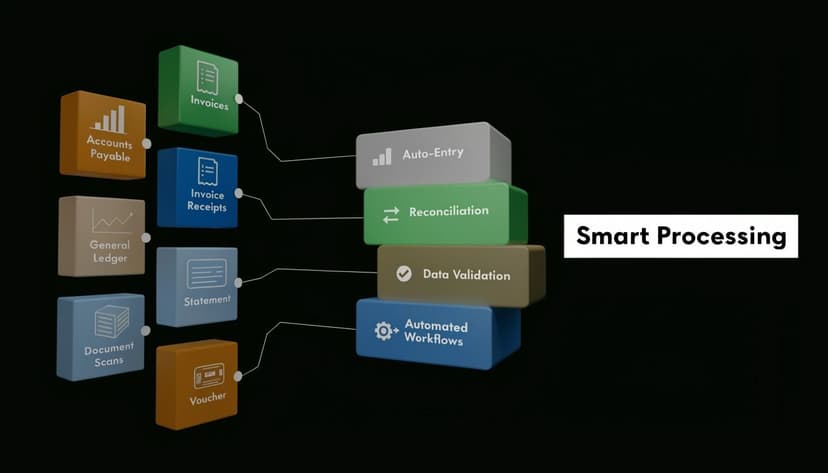 A 3D diagram showing the flow from financial documents like invoices into smart processing automation steps.