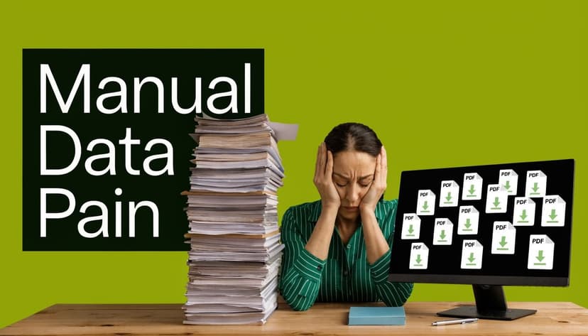A woman looks stressed while sitting at a desk with a large stack of paper documents.