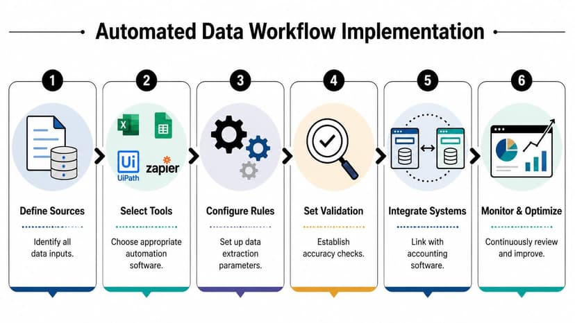 A six-step infographic showing the automated data workflow implementation process for business operations.