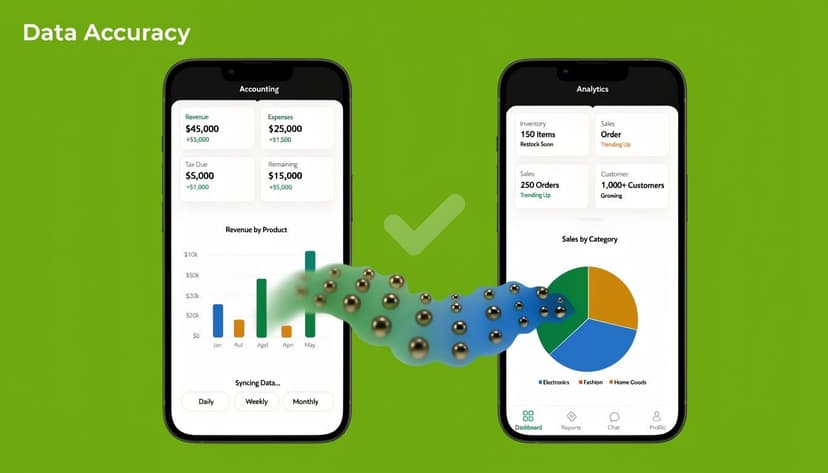 A digital illustration comparing accounting and analytics mobile app dashboards to highlight accurate data synchronization.