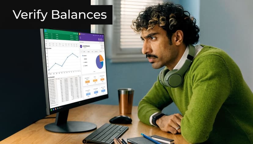 A young man with headphones looks attentively at a computer screen displaying financial charts and data.