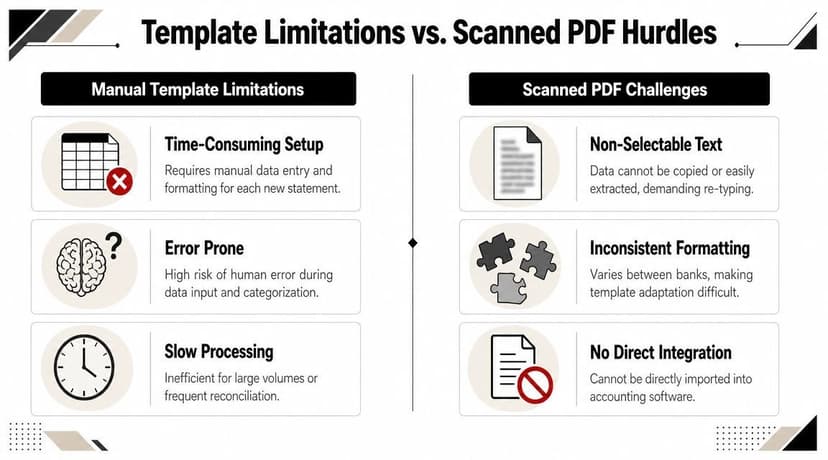 A comparison chart outlining manual template limitations versus challenges encountered when processing scanned bank statement PDF documents.