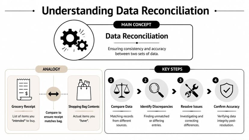 An infographic explaining the concept of data reconciliation using a grocery shopping analogy and four steps.