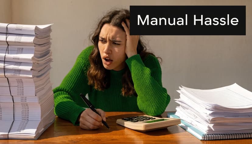 A stressed woman sitting at a desk overflowing with paper documents while working on manual data reconciliation.