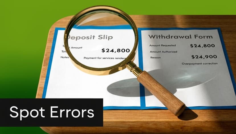 A magnifying glass placed over a financial document highlighting discrepancies in bank deposit and withdrawal forms.