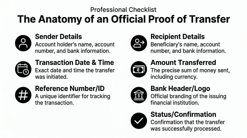 A professional checklist infographic detailing the essential components found on an official bank proof of transfer document.