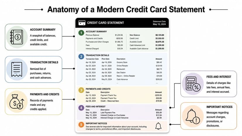 An infographic showing the breakdown of a credit card statement including summary, transactions, payments, fees, and notices.