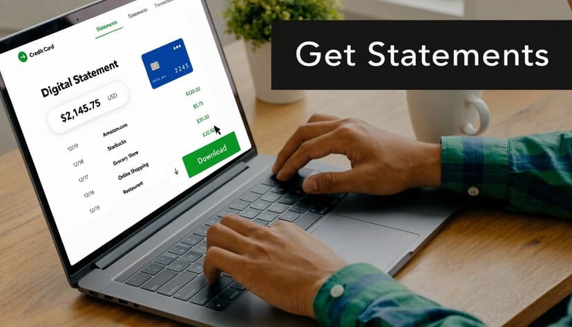 A person using a laptop to view credit card statements online on a desk with a plant.