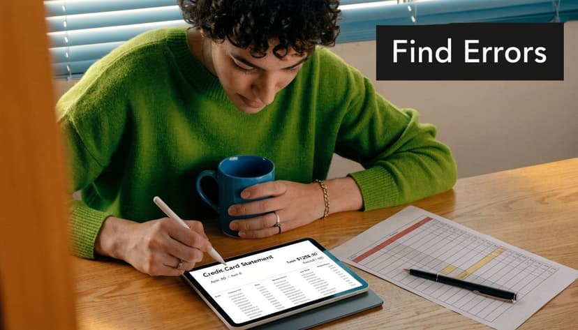 A young person reviews their credit card statement on a tablet while sitting at a wooden desk.