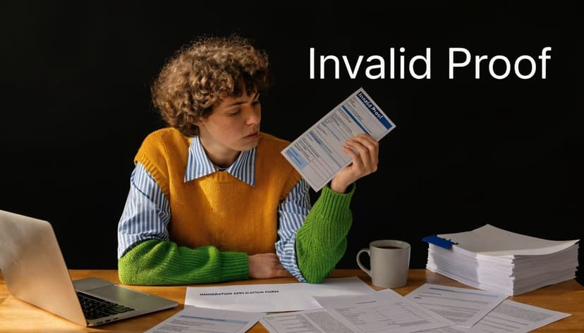 A person looking confused at an Invalid Proof document while sitting at a desk with an immigration application form.