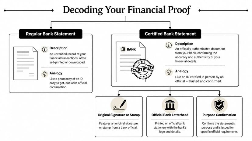 A flowchart infographic titled Decoding Your Financial Proof comparing regular bank statements with certified bank statements.