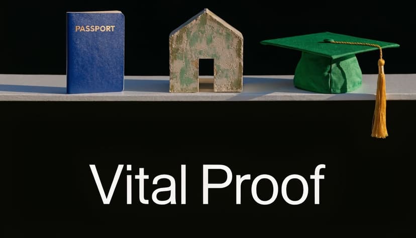 A blue passport, a small house model, and a green graduation cap displayed on a shelf.