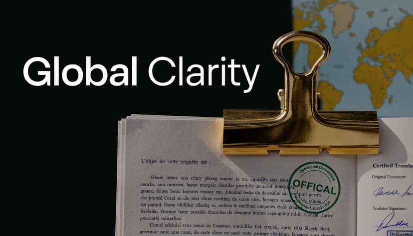 A document with a gold binder clip and an official stamp labeled Global Clarity and world map background.