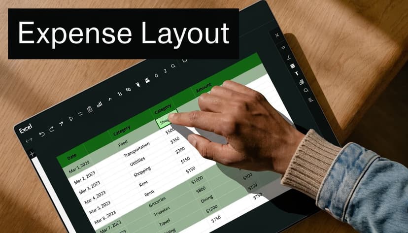 A hand using a stylus to edit a digital Excel expense spreadsheet on a tablet screen.