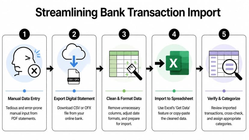A five-step flowchart illustrating the streamlined process of importing bank transactions into a financial spreadsheet.