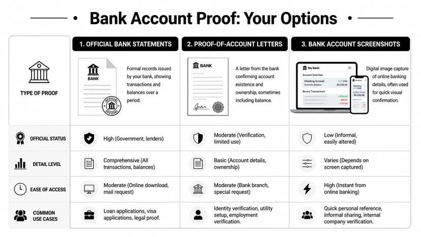 A comparison chart outlining three types of bank account proof with their official status and use cases.